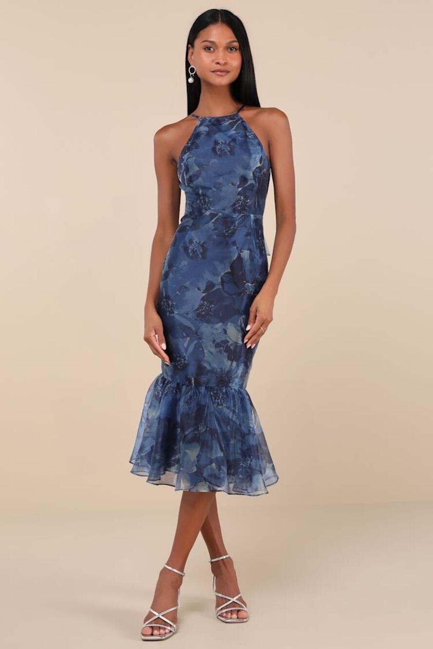 Lulus Admirable Essence Navy Blue Floral Organza Trumpet Midi Dress Size XXL